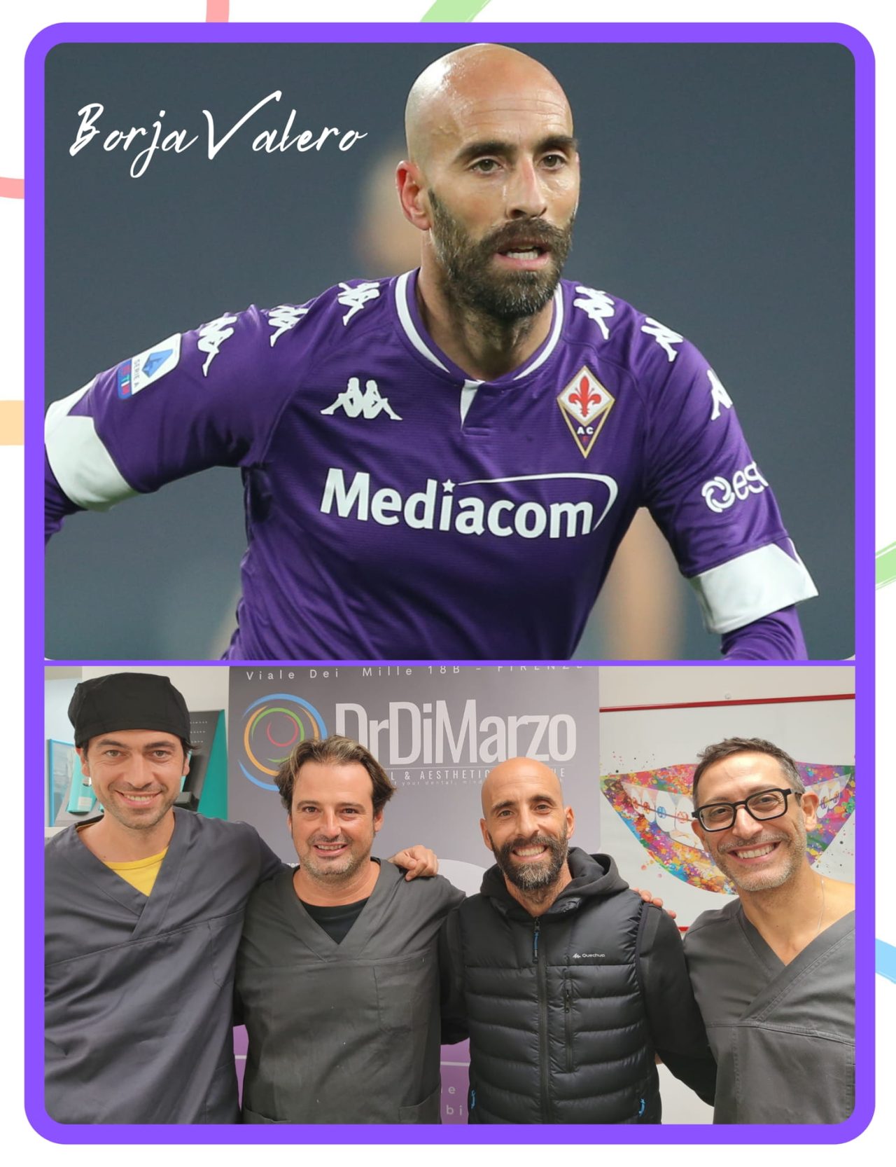 Un collage con due immagini: in alto un calciatore calvo con la maglia viola della Fiorentina; in basso lo stesso uomo sorridente con altri tre in divisa medica grigia all'interno di una clinica.