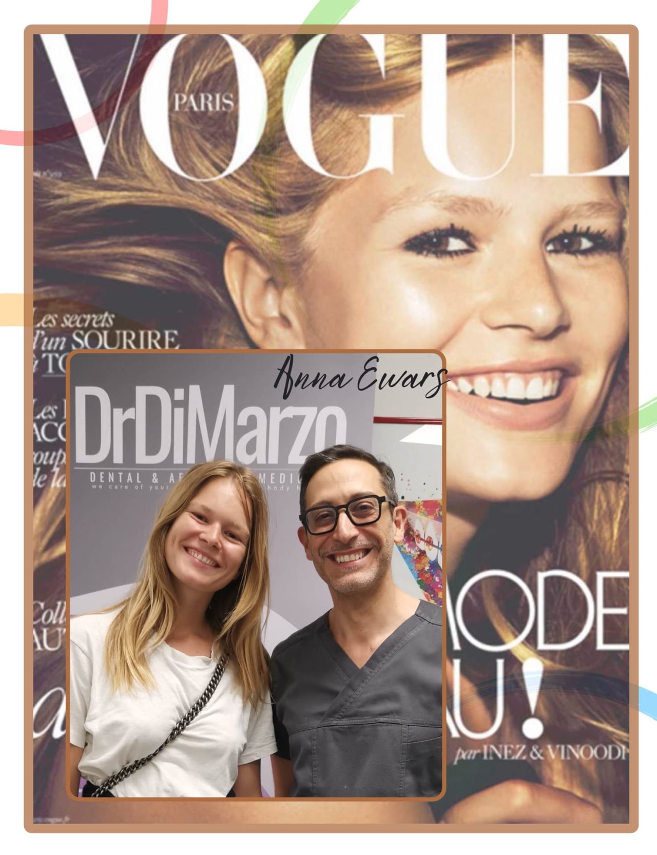 Una donna e un uomo sorridono per una foto in una clinica dentistica, con il logo della clinica e il dottor Di Marzo visibili alle loro spalle. L'immagine è sovrapposta a una copertina della rivista Vogue Paris con una donna bionda che sorride.