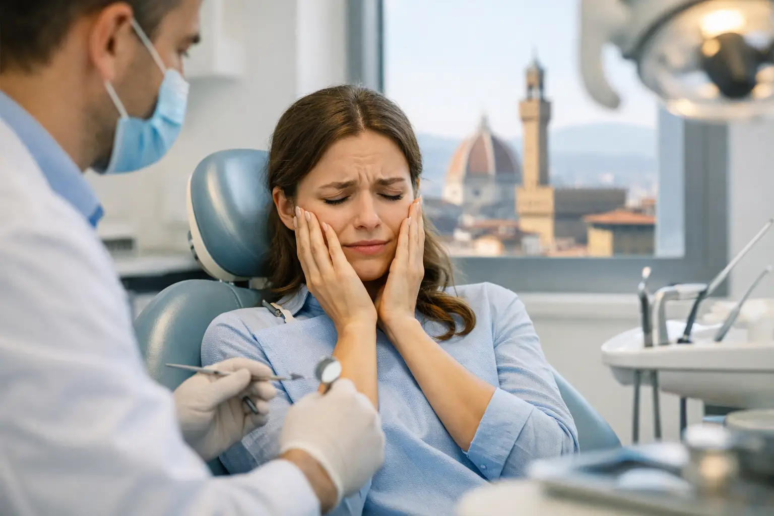 Dentista per pazienti ansiosi a Firenze Una donna siede su una poltrona odontoiatrica, tenendosi il viso per il dolore, mentre un dentista con guanti e mascherina prepara gli strumenti dentali. Dalla finestra alle loro spalle si intravede un paesaggio urbano con una cupola simbolo.