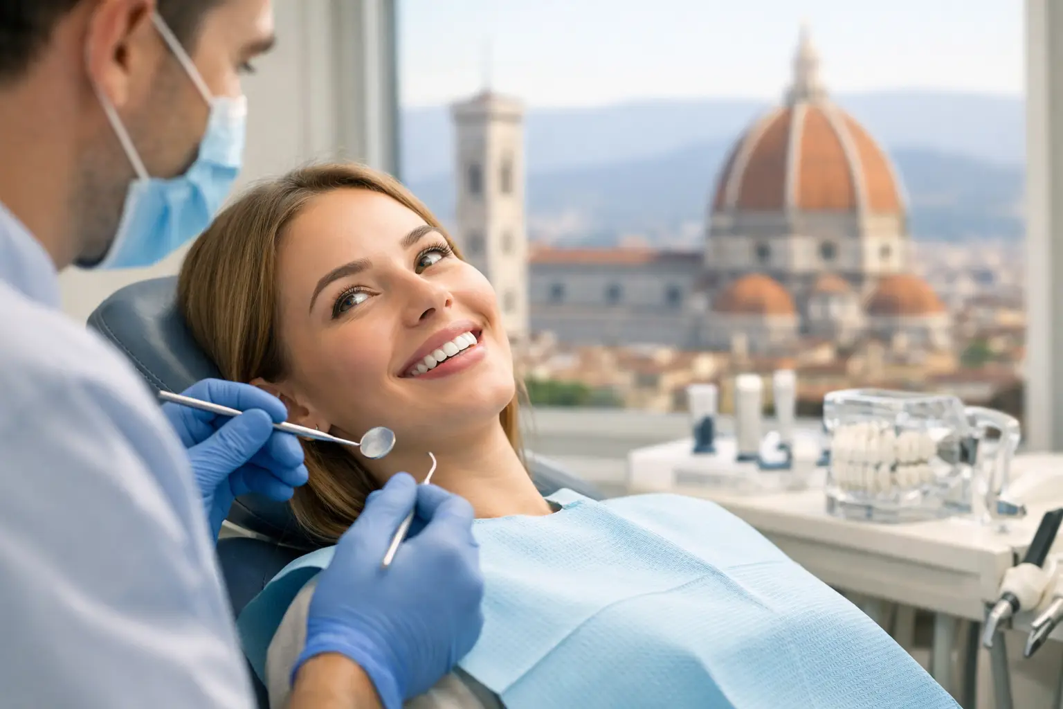 Check-up dentale completo Firenze: prezzi Una donna sorride su una poltrona odontoiatrica mentre un dentista con guanti e mascherina le esamina i denti; un grande edificio a cupola e il paesaggio urbano sono visibili attraverso la finestra sullo sfondo.