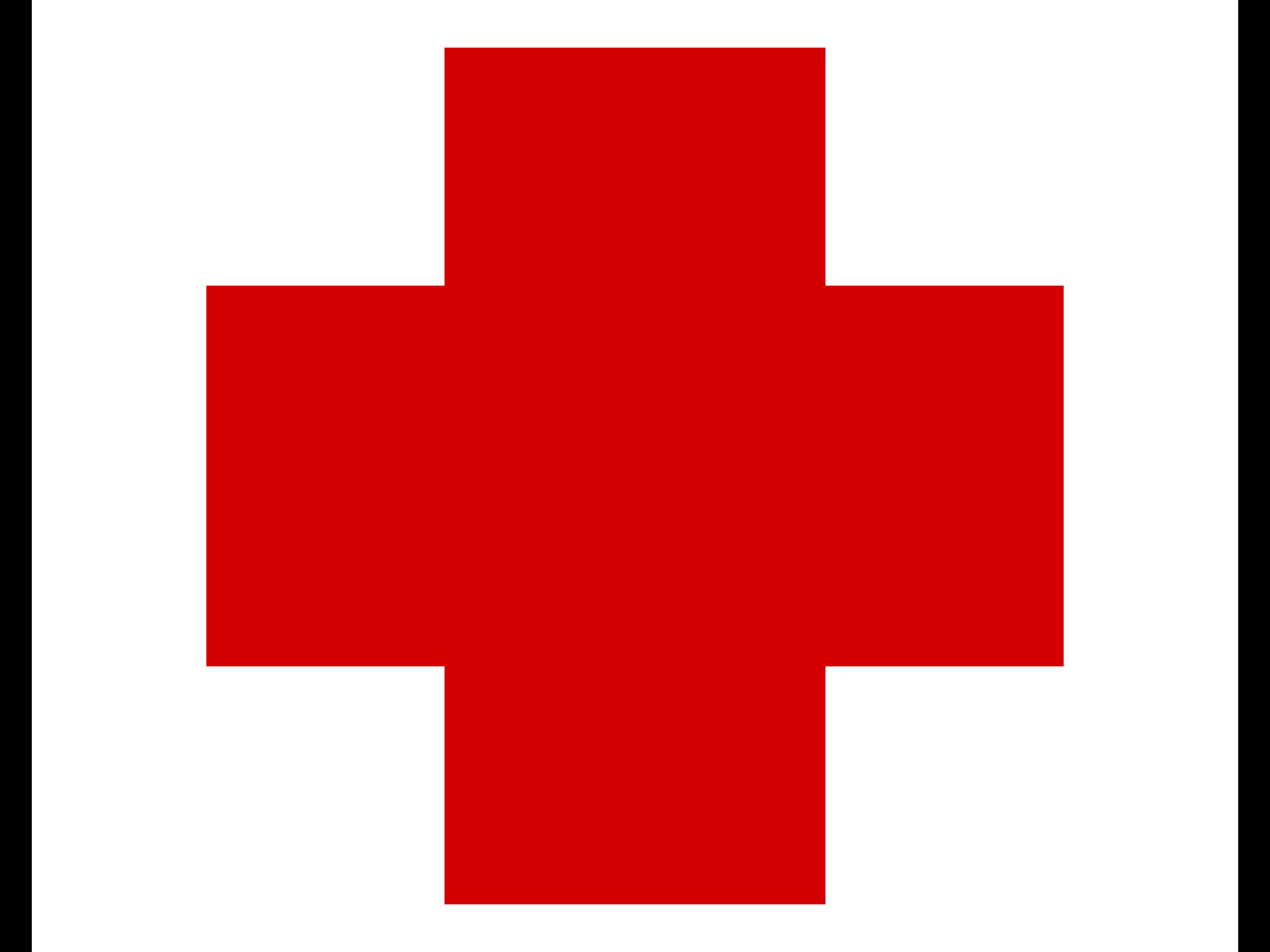 Una grande croce rossa centrata su uno sfondo bianco con bordo nero, che simboleggia l'assistenza medica o il primo soccorso.
